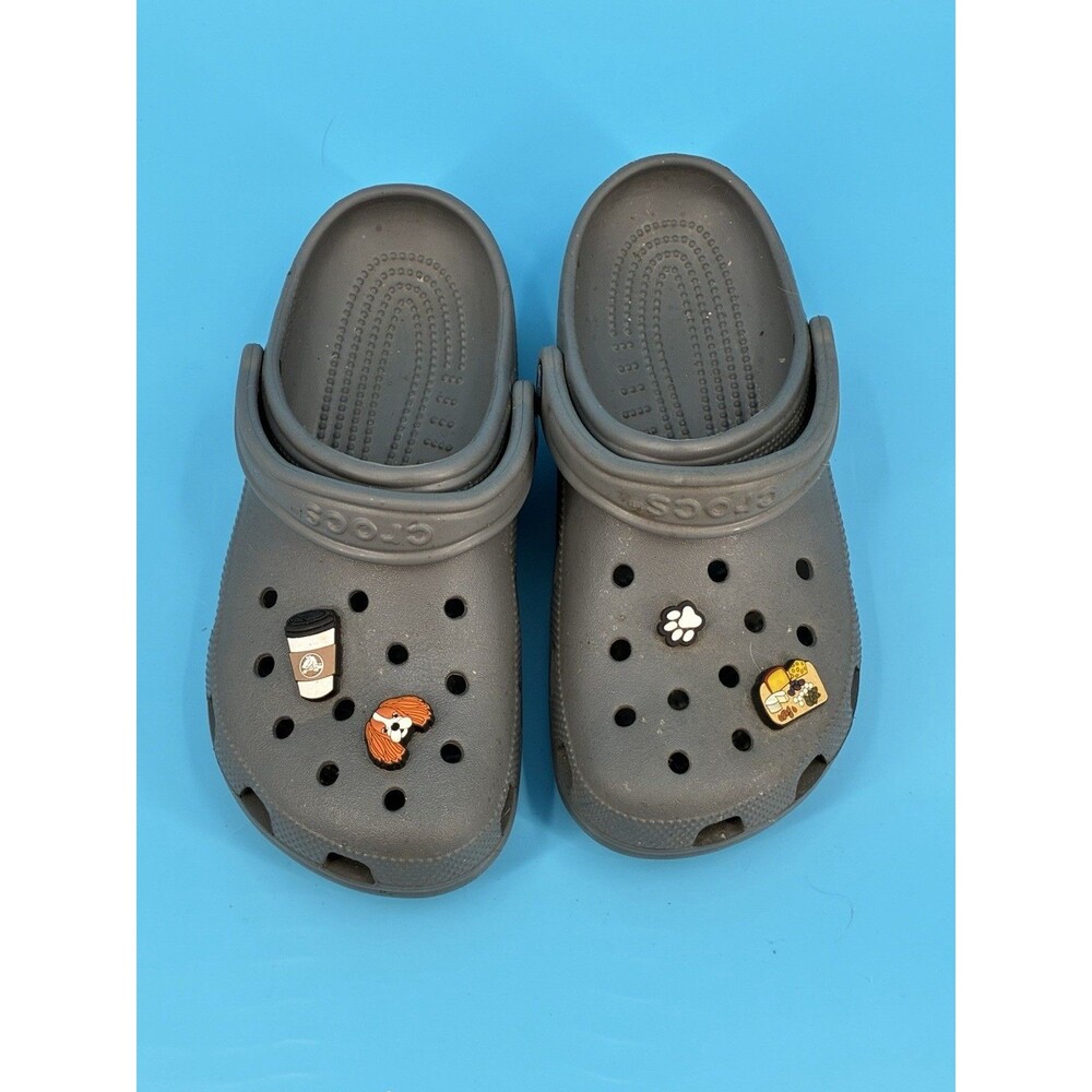 Crocs Classic Clogs Gray Men’s 6 Women’s 8 with 4 Jibbitz Charms Coffee Dog Paw